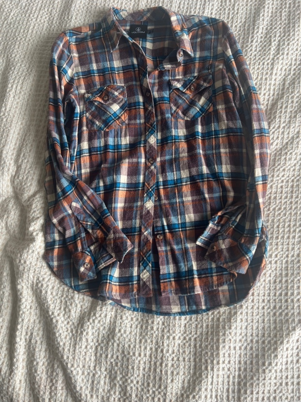 Volcom Men's Plaid Button-Up Shirt - Blue, Brown, Orange